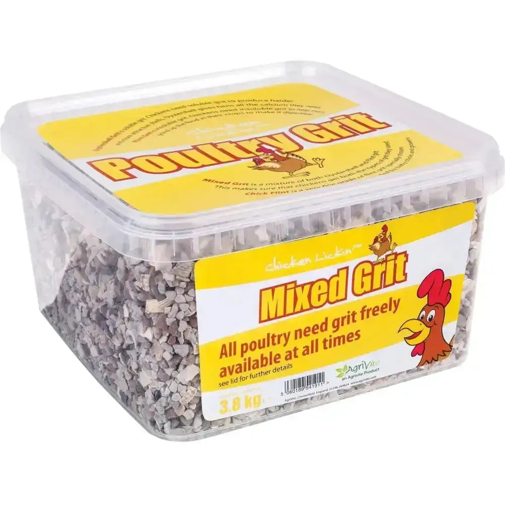 Clear plastic container of gray mixed grit labeled agrivite chicken lickin mixed poultry grit for chickens