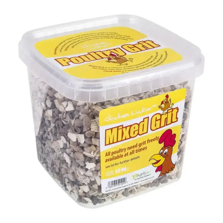 Clear plastic container of gray and white mixed grit labeled agrivite chicken lickin mixed poultry grit for chickens