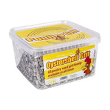 Clear plastic container of gray agrivite chicken lickin oystershell grit for chicken feed supplement use