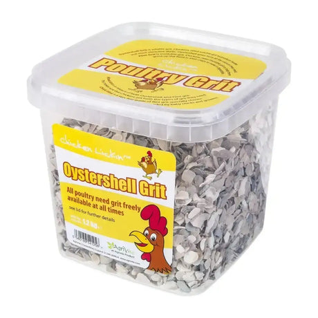 Clear container of gray agrivite chicken lickin oystershell grit labeled oystershell crit for chicken feed use