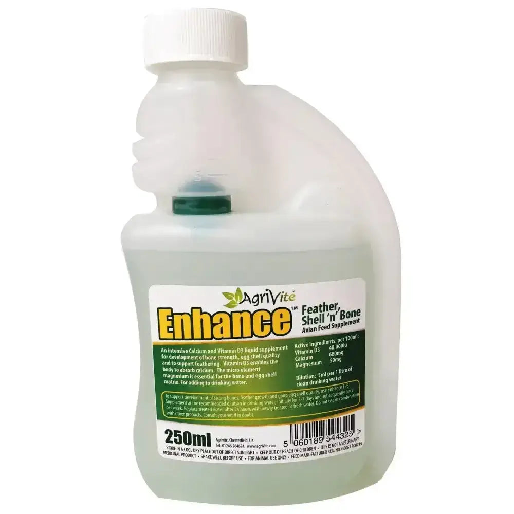 Clear plastic 250ml bottle with white cap labeled agrivite enhance feather shell n bone avian feed supplement for developing bone strength