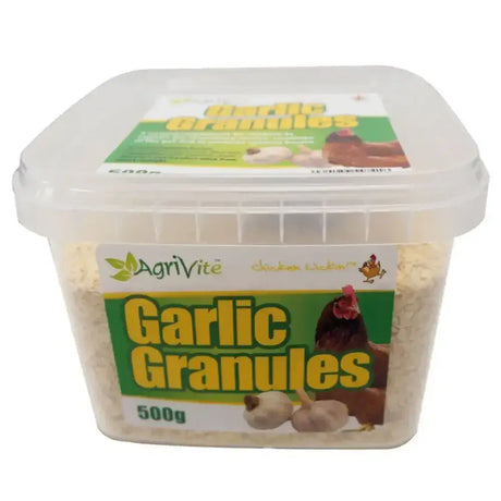 A clear plastic container of agrivite garlic granules with green and yellow text on a white label