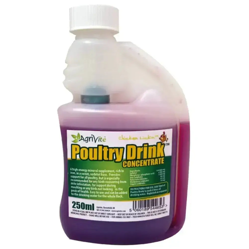 A 250ml translucent agrivite poultry drink bottle with white screw cap filled with deep purple sweet tasting sorbitol energy mineral supplement