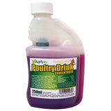 A 250ml translucent agrivite poultry drink bottle with white screw cap filled with deep purple sweet tasting sorbitol energy mineral supplement