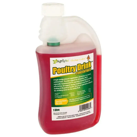 Agrivite poultry drink red liquid energy mineral supplement in 1 litre plastic bottle with white cap and green seal containing sweet tasting sorbitol