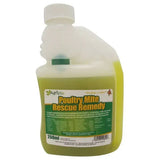 A 250ml translucent plastic bottle with white cap and green label containing pale yellow agrivite poultry mite rescue liquid