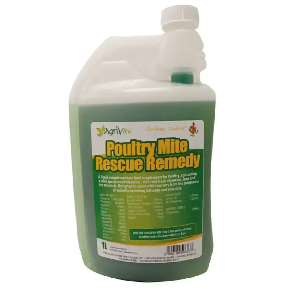 A white plastic bottle of agrivite poultry mite rescue remedy with green liquid for red mite attack treatment