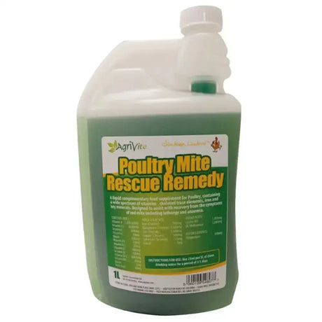 A white plastic bottle of agrivite poultry mite rescue remedy with green liquid for red mite attack treatment