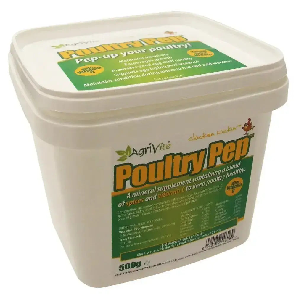 White plastic container of agrivite poultry pep mineral supplement for chickens with green and yellow poultry supplements label