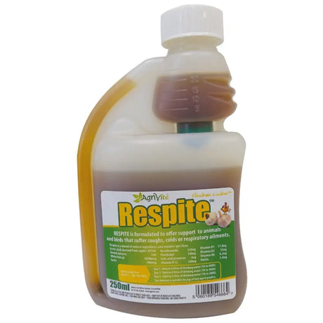 A 250ml translucent plastic bottle of agrivite respite garlic-based liquid concentrate for respiratory ailments in animals and birds