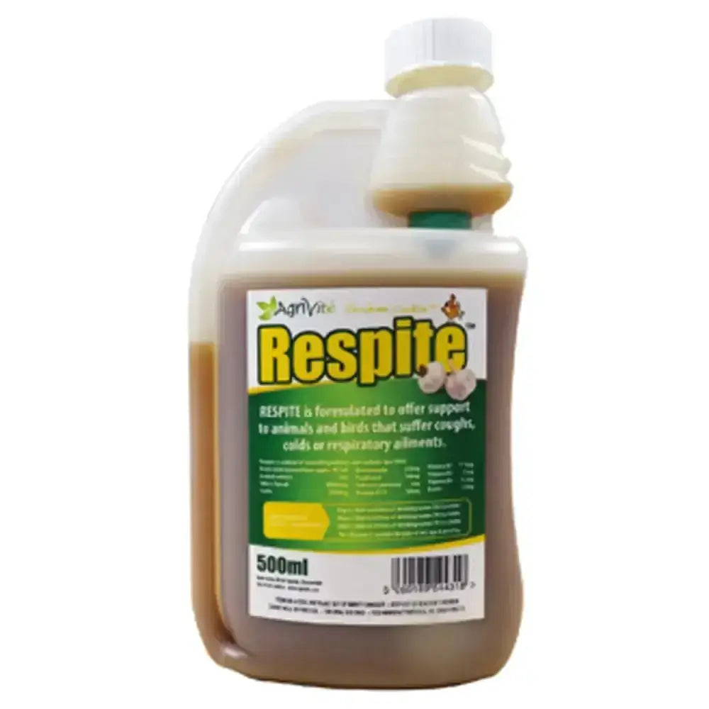 A 500ml translucent plastic bottle with white cap containing brown garlic-based liquid concentrate agrivite respite for respiratory ailments