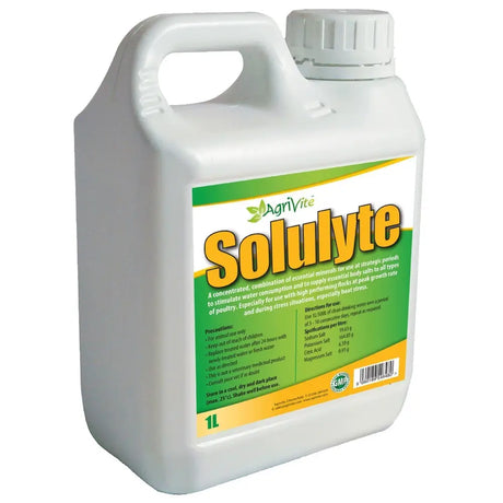 White plastic jug with white cap and green yellow agrivite solulyte label for poultry supplements and heat challenges