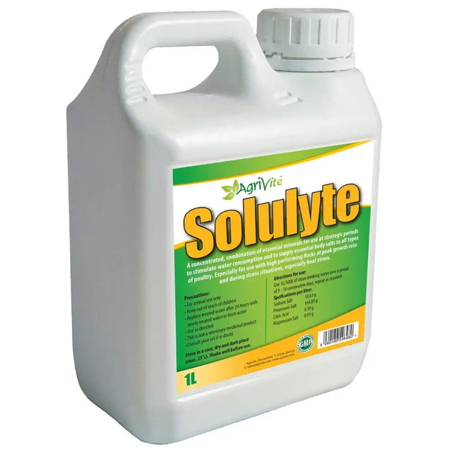 White plastic jug with white cap and green yellow agrivite solulyte label for poultry supplements and heat challenges