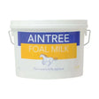 White plastic bucket of aintree foal milk with blue yellow label for orphan foals and insufficient mares milk replacer