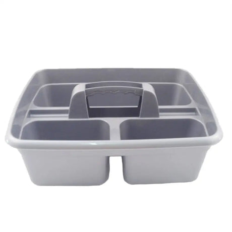 Gray plastic airflow tidy tack grooming box with multiple compartments and a central handle for easy carrying