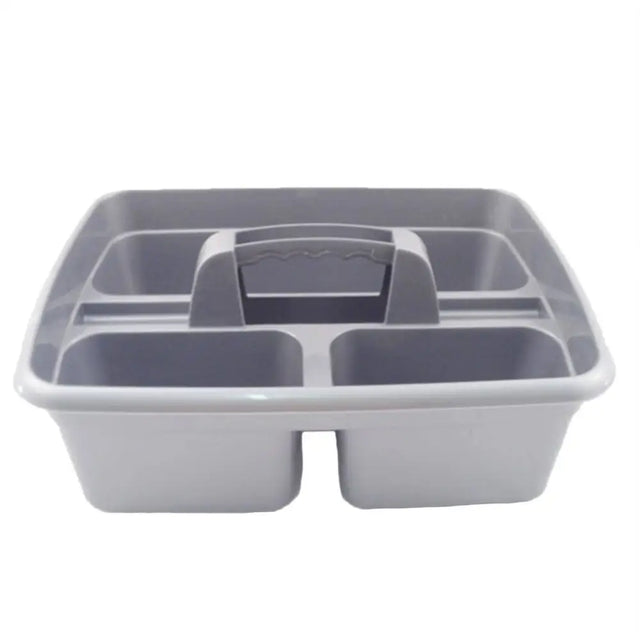 Gray plastic airflow tidy tack grooming box with multiple compartments and a central handle for easy carrying