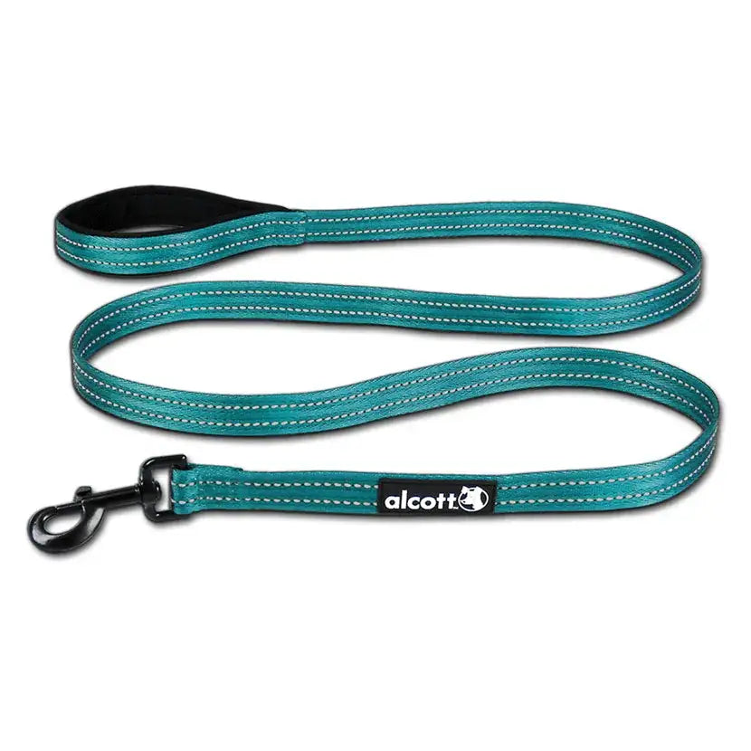 Teal reflective dog leash with black handle and metal clasp featuring white stitching from alcott products adventure leash