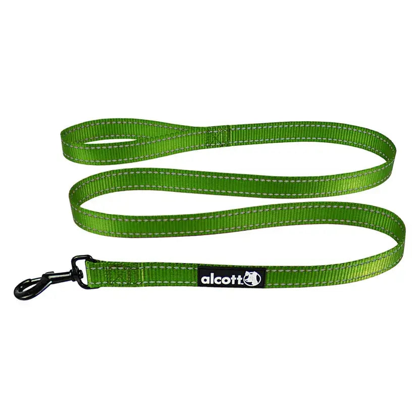 Bright green woven nylon alcott products adventure leash with white stitching and black metal clasp for dogs