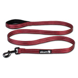 Alcott Products Adventure leash with maroon reflective nylon, white stitching, black padded handle, and metal clasp