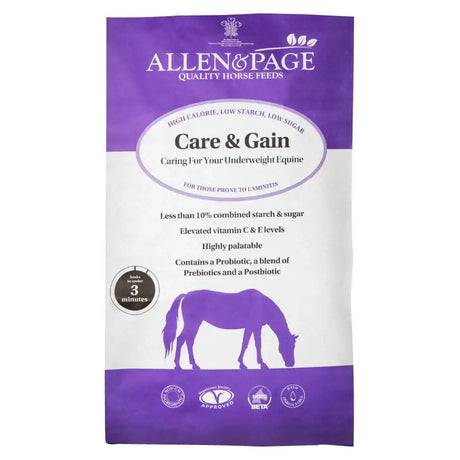 Purple and white Allen & Page Care & Gain high calorie feed bag for horses