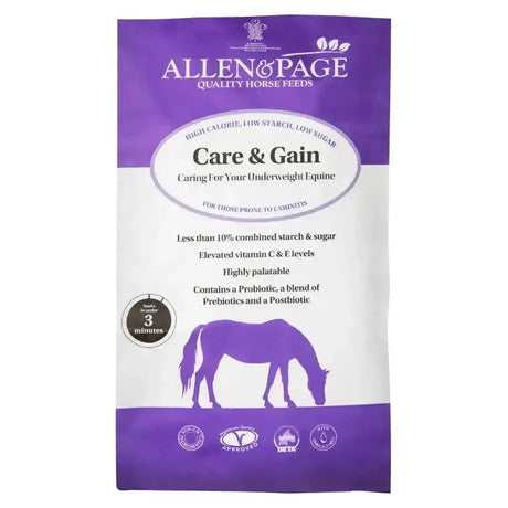 Purple and white allen & page care and gain high calorie feed for poor doers underweight horses with low sugar formula