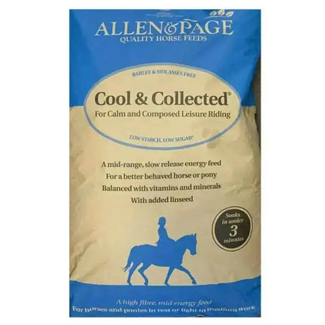 Allen & page cool and collected horse feed in blue and beige packaging with rider silhouette, specially formulated horse feeds
