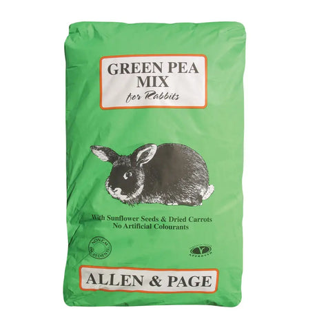Green bag of Allen & Page green pea rabbit mix featuring a black and white rabbit illustration for pets
