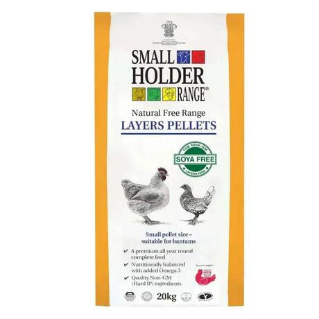 A white and orange bag of allen and page natural free range layers pellets with soya free seal and chicken illustrations