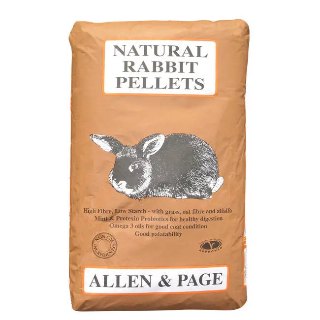 Brown paper bag of allen & page natural rabbit pellets 20 kg with black and white illustrated bunny on front