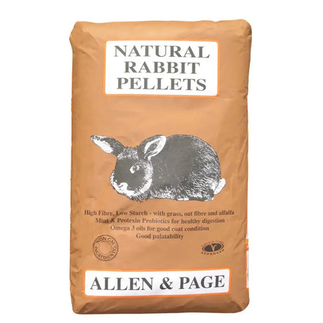 Brown paper bag of allen & page natural rabbit pellets with black and white bunny illustration for maintenance diet