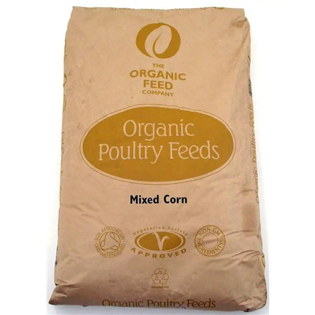 Brown paper bag of allen & page organic feed company mixed corn with gold lettering and organic certification logos