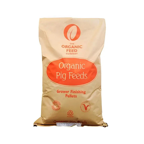 A beige paper bag of allen & page organic feed company pig grower finisher pellets with an orange label