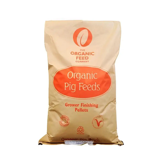 A beige paper bag of allen & page organic feed company pig grower finisher pellets with an orange label