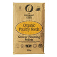 A tan paper bag of organic poultry grow finisher pellets from allen and page organic feed company