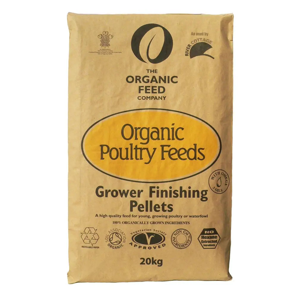 A tan paper bag of organic poultry grow finisher pellets from allen and page organic feed company