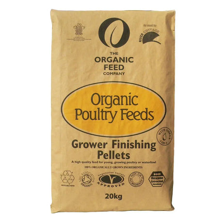 A tan paper bag of organic poultry grow finisher pellets from allen and page organic feed company