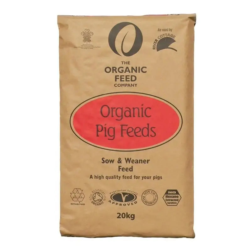 Brown paper bag of allen & page organic feed company sow and weaner feed with red oval label and 20kg weight for pig feed