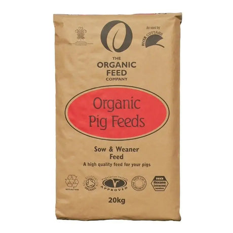Brown paper bag of allen & page organic feed company sow and weaner feed with red oval label and 20kg weight for pig feed
