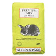 Bright lime green bag of allen & page premium rabbit mix with black and white rabbit illustration and high quality ingredients