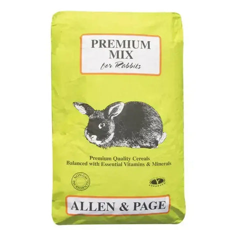 Bright lime green bag of allen & page premium rabbit mix with black and white rabbit illustration and high quality ingredients
