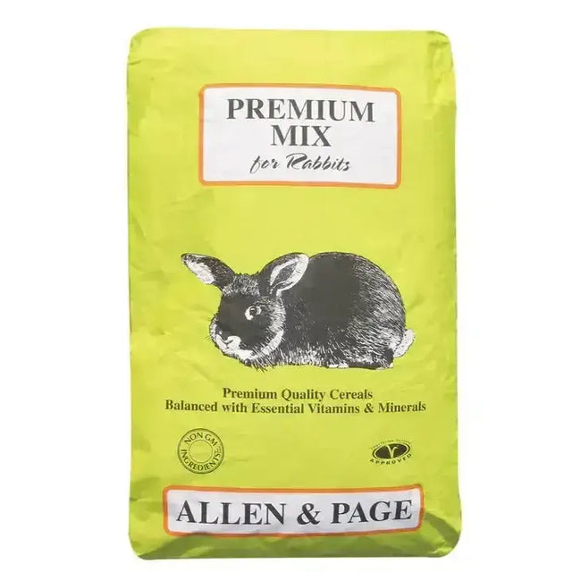 Bright lime green bag of allen & page premium rabbit mix with black and white rabbit illustration and high quality ingredients