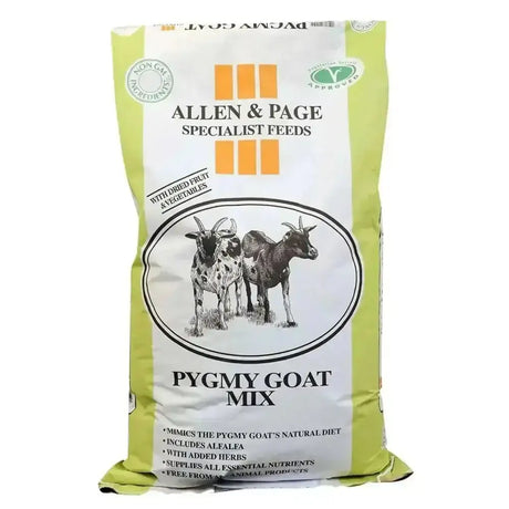 Light green and white bag of allen & page pygmy goat feed mix with black and white illustration of two goats