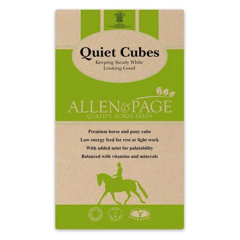 Green and beige package of allen and page quiet cubes horse feed for good doers and calm horses