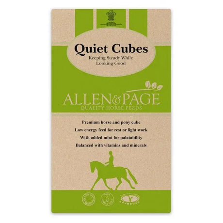 Green and beige package of allen and page quiet cubes horse feed for good doers and calm horses