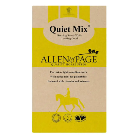 Yellow and beige allen & page quiet mix horse feed bag for calm digestion and balanced nutrition