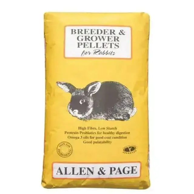 Yellow bag of Allen & Page rabbit feed breeder with black and white rabbit illustration and wholesome ingredients including pellets