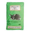 Green bag of allen and page rabbit flaked peas featuring a black and white rabbit illustration for green pea rabbit care