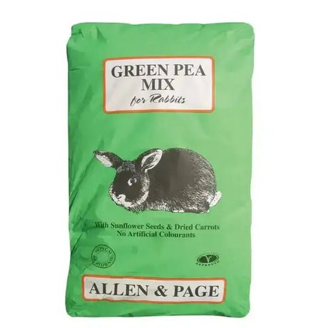 Green bag of allen and page rabbit flaked peas featuring a black and white rabbit illustration for green pea rabbit care