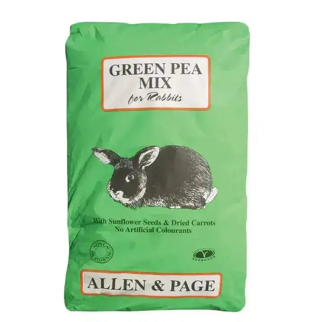 Green bag of allen and page rabbit flaked peas featuring a black and white rabbit illustration for green pea rabbit care
