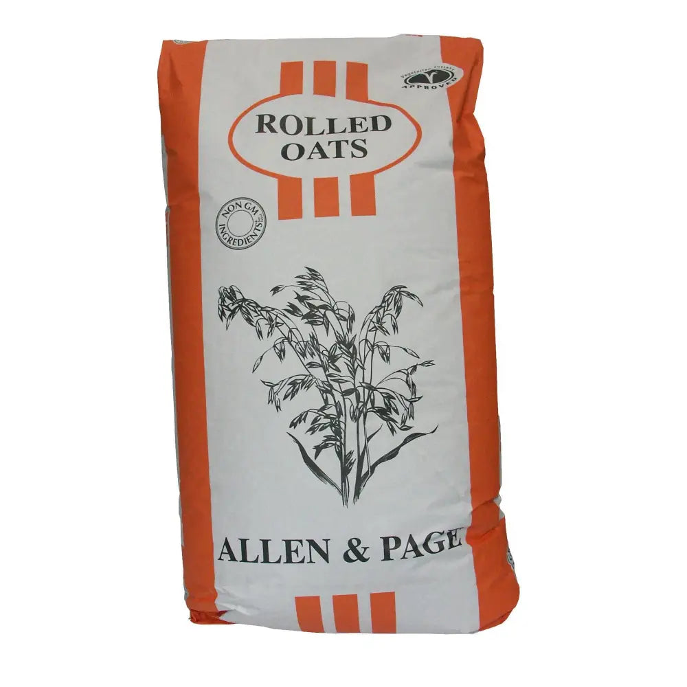 Orange and white bag of allen & page rolled oats showing the front with page rolled oats branding